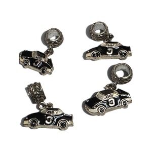 Set of 4 Racing Car Charms Black Enamel Number 3 Silver Tone Bracelet Slides